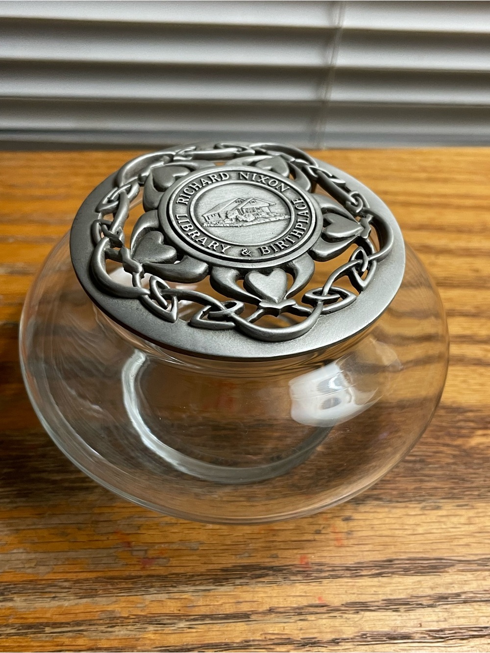 Vintage Fort Pewter Richard Nixon Library & Birthplace Glass Jar with Metal Lid